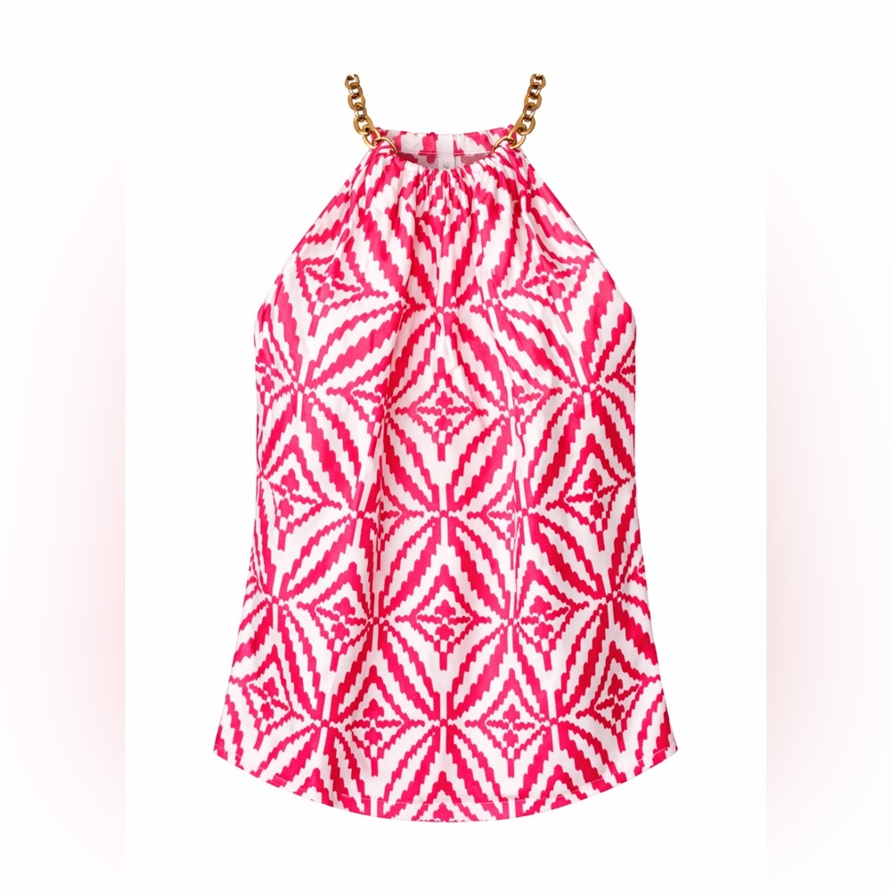 Milly NY Pink Geometric Silk‎ Halter Top Gold Chain Neck Y2K Preppy Chic-10